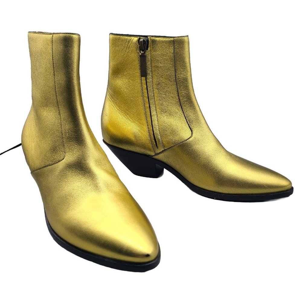 Saint Laurent Gold western boots Ankle Heel Zipper Leather Sz 37 7 New Defect